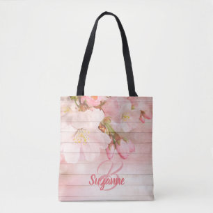 Monogrammed roze cherry blossoms girly pastel tote bag