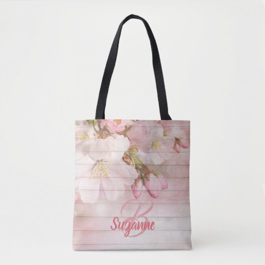 Monogrammed roze cherry blossoms girly pastel tote bag (Voorkant)