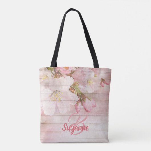 Monogrammed roze cherry blossoms girly pastel tote bag (Achterkant)