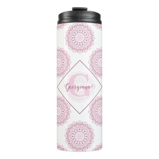Monogrammed Roze Confetti Lace Polka Dot Mandala Thermosbeker (Voorkant)