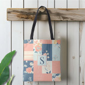 Monogrammed roze en blauwe patchwork patroon tote bag