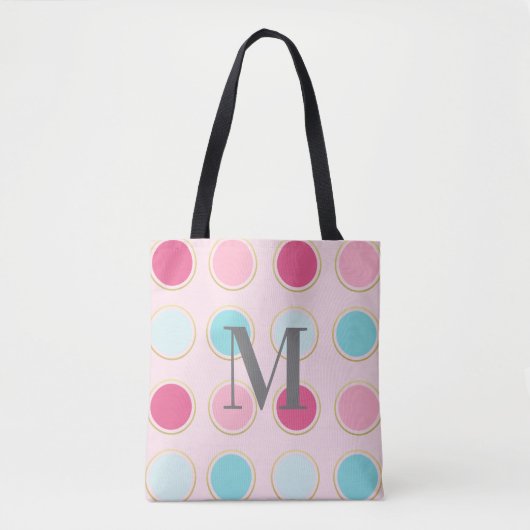 Monogrammed roze en blauwe Polka Dot Tote Bag (Voorkant)