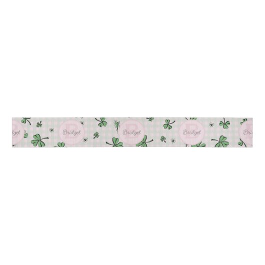 Monogrammed Roze en Groene Shamrocks & Gingham Grosgrain Lint (Voorkant)
