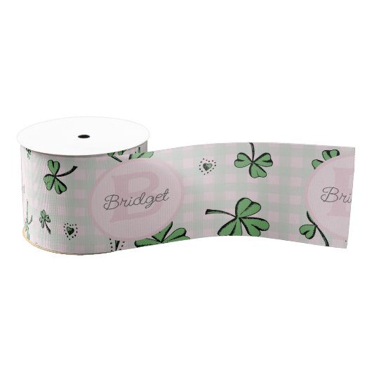 Monogrammed Roze en Groene Shamrocks & Gingham Grosgrain Lint (Spoel)