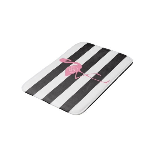 Monogrammed roze flamingo + zwart + witte strepen badmat (Gekanteld)