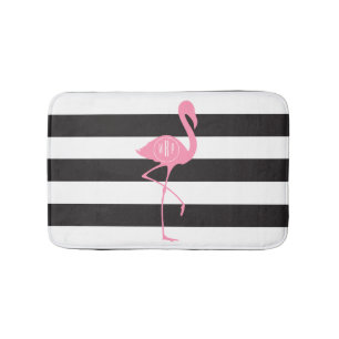 Monogrammed roze flamingo + zwart + witte strepen badmat