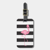 Monogrammed roze flamingo + zwart + witte strepen bagagelabel (Voorkant verticaal)