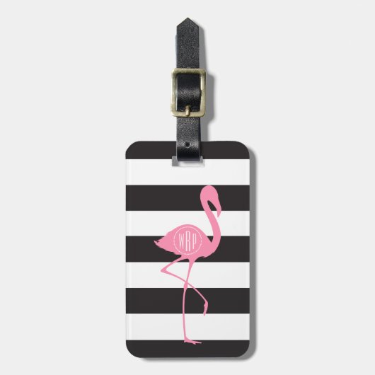 Monogrammed roze flamingo + zwart + witte strepen bagagelabel (Voorkant verticaal)