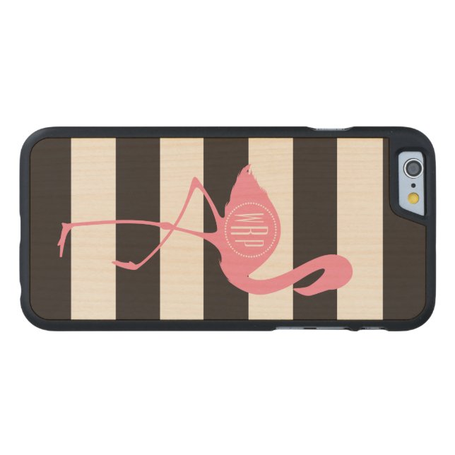 Monogrammed roze flamingo + zwart + witte strepen carved wood iPhone hoesje (Achterkant Horizontaal)