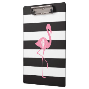 Monogrammed roze flamingo + zwart + witte strepen klembord