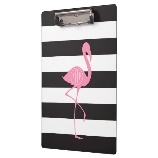 Monogrammed roze flamingo + zwart + witte strepen klembord (Links)