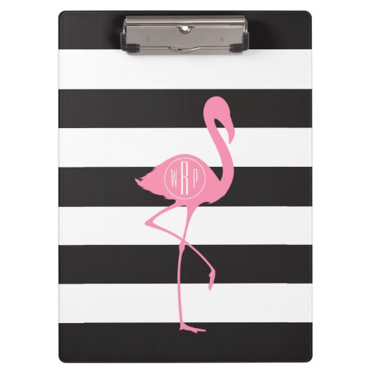 Monogrammed roze flamingo + zwart + witte strepen klembord (Voorkant)