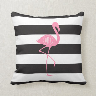 Monogrammed roze flamingo + zwart + witte strepen kussen