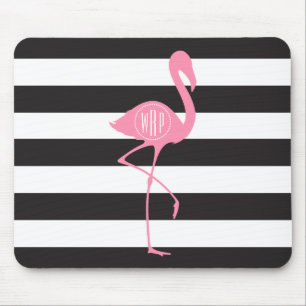 Monogrammed roze flamingo + zwart + witte strepen muismat