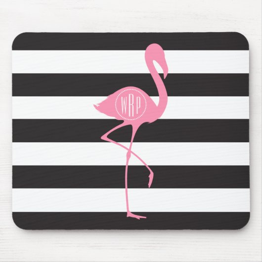 Monogrammed roze flamingo + zwart + witte strepen muismat (Voorkant)