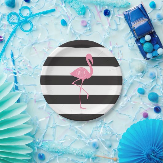 Monogrammed roze flamingo + zwart + witte strepen papieren bordje (Feest)