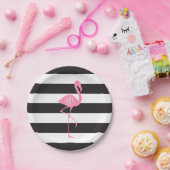 Monogrammed roze flamingo + zwart + witte strepen papieren bordje (Feest)