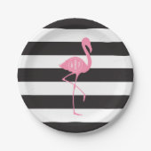 Monogrammed roze flamingo + zwart + witte strepen papieren bordje (Voorkant)