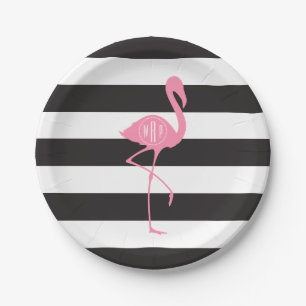 Monogrammed roze flamingo + zwart + witte strepen papieren bordje