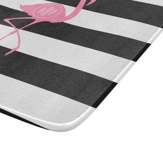 Monogrammed roze flamingo + zwart + witte strepen snijplank (Hoek)
