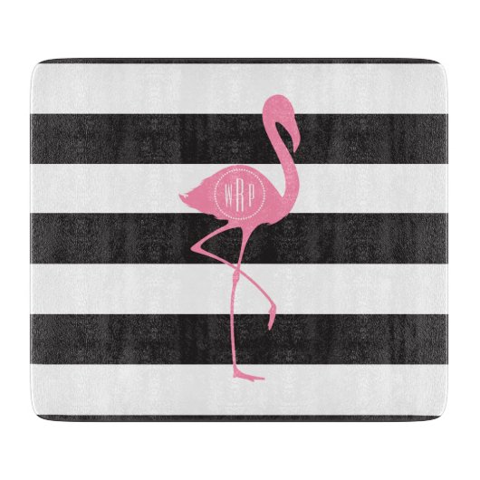 Monogrammed roze flamingo + zwart + witte strepen snijplank (Voorkant)