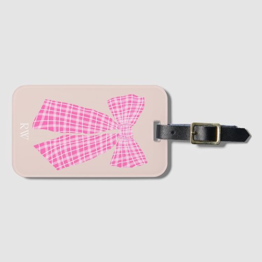 Monogrammed Roze Gingham Romantische Coquette Bow Bagagelabel (Voorkant (horizontaal))