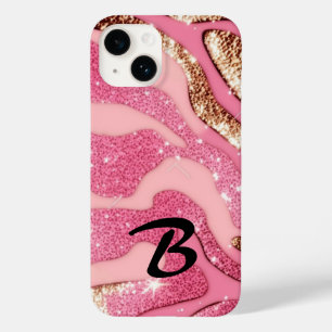 Monogrammed Roze Goud Agaat Dier Glitter Case-Mate iPhone 14 Hoesje