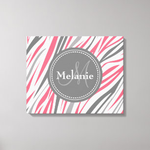 Monogrammed Roze & Gray Zebra Pattern Canvas Afdruk