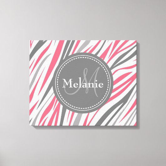 Monogrammed Roze & Gray Zebra Pattern Canvas Afdruk (Voorkant)