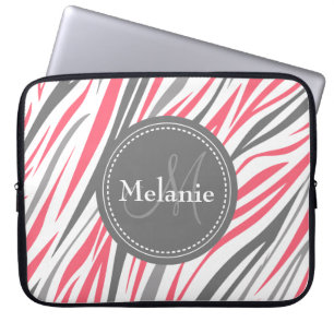 Monogrammed Roze & Gray Zebra Pattern Laptop Sleeve
