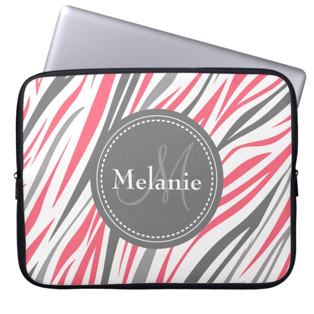 Monogrammed Roze & Gray Zebra Pattern Laptop Sleeve (Voorkant)