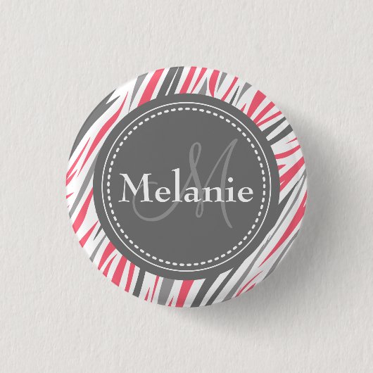 Monogrammed Roze & Gray Zebra Pattern Ronde Button 3,2 Cm (Voorkant)