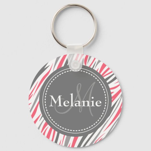 Monogrammed Roze & Gray Zebra Pattern Sleutelhanger (Voorkant)