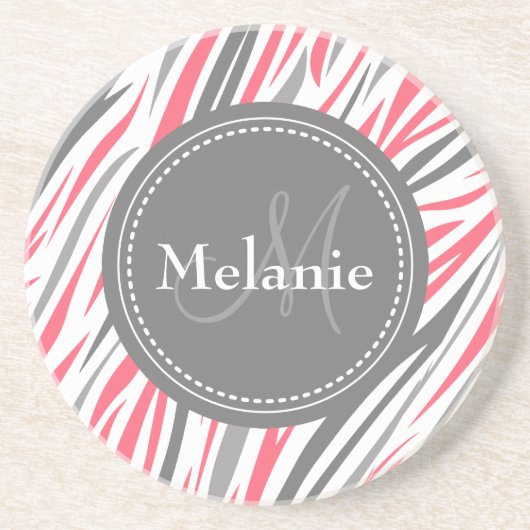 Monogrammed Roze & Gray Zebra Pattern Zandsteen Onderzetter (Voorkant)