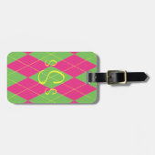 Monogrammed Roze & Groene Argyle Bagagelabel (Voorkant horizontaal)