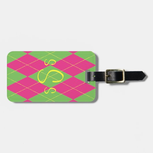 Monogrammed Roze & Groene Argyle Bagagelabel (Voorkant horizontaal)