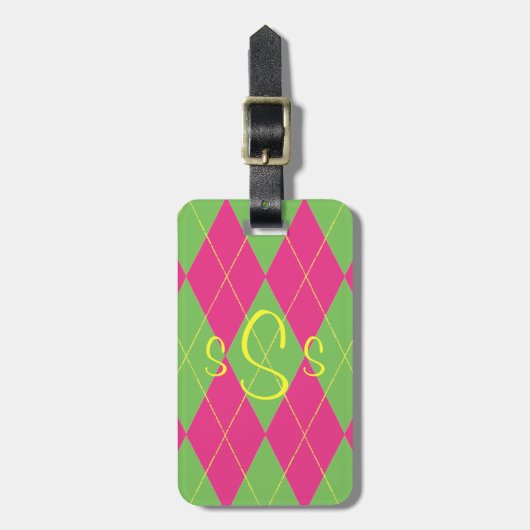 Monogrammed Roze & Groene Argyle Bagagelabel (Voorkant verticaal)