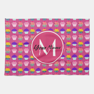 Monogrammed roze koekjes, gepersonaliseerde naam theedoek