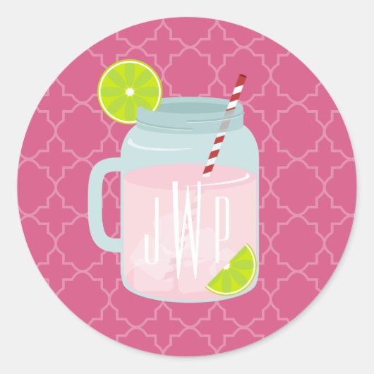 Monogrammed roze limonade Berry Quatrefoil Ronde Sticker (Voorkant)