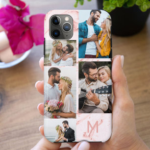 Monogrammed Roze Marmer 5 Foto Collage Case-Mate iPhone Case