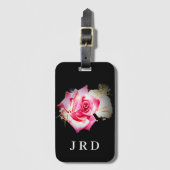 Monogrammed Roze Roos op Zwart Bagagelabel (Voorkant (verticaal))