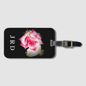 Monogrammed Roze Roos op Zwart Bagagelabel (Voorkant (horizontaal))