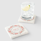 Monogrammed roze Roses Wreath Wedding Sjabloon Stenen Onderzetter (Zijkant)