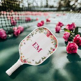 Monogrammed Roze Streep en Bloemen Pickleball Paddle