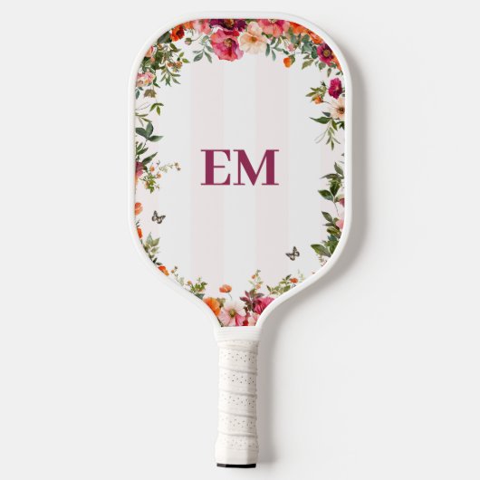 Monogrammed Roze Streep en Bloemen Pickleball Paddle (Achterkant)