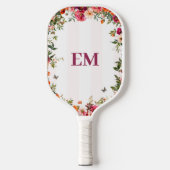 Monogrammed Roze Streep en Bloemen Pickleball Paddle (Voorkant)