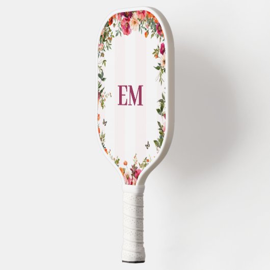 Monogrammed Roze Streep en Bloemen Pickleball Paddle (Links)