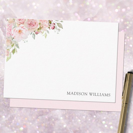 Monogrammed Roze Waterverf Roos Bloem Bloem Notitiekaartje