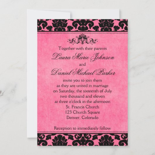Monogrammed Roze, Zwart Damast bruiloft uitnodigin Kaart (Achterkant)