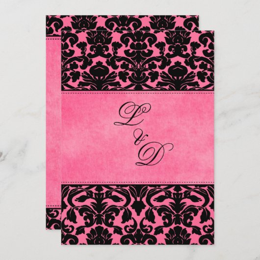 Monogrammed Roze, Zwart Damast bruiloft uitnodigin Kaart (Voorkant / Achterkant)